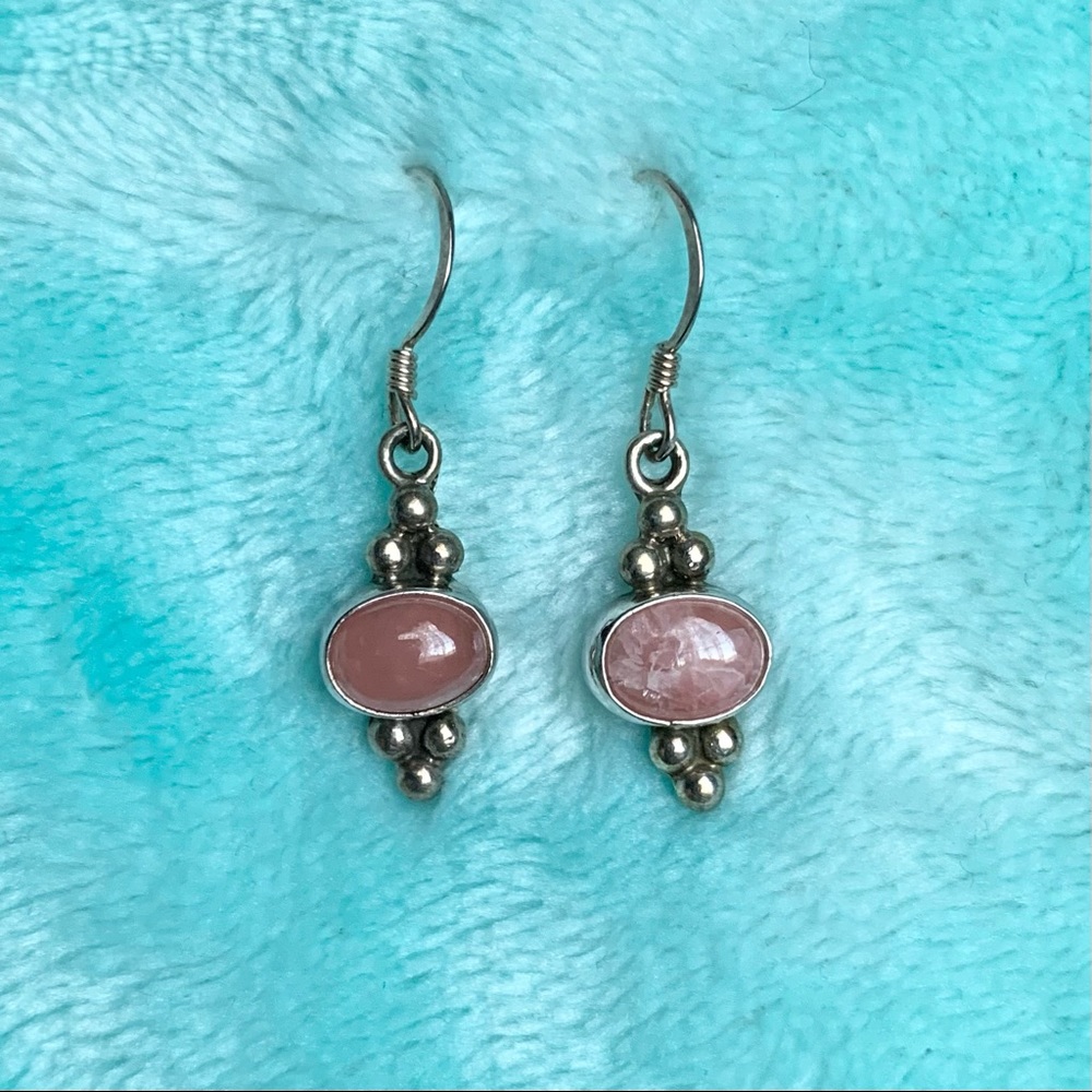 Vintage rodochrosite gemstone sterling earrings - Picture 2 of 10